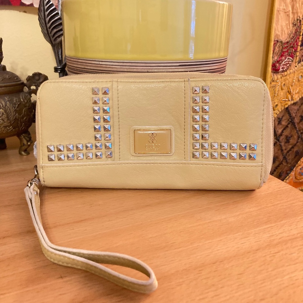 Guess Women's Yellow Faux Leather Zip Around Wallet Clutch Wristlet Studded